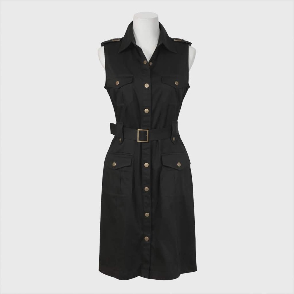 NWT. Size6. Calvin Klein Black Utility Sleeveless Shirt Dress with Gold Buttons